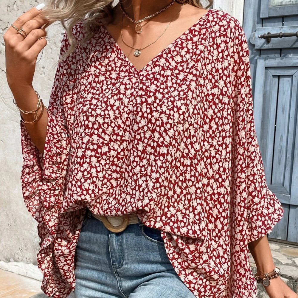 Multicolor Boho Womens Ditsy Floral Print Batwing Sleeve Blouse - Picture 5 of 5
